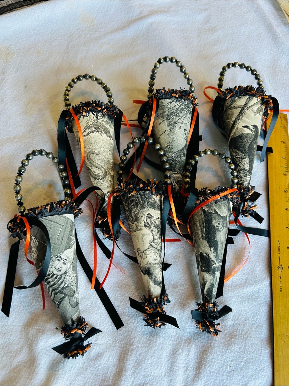 6 Vintage repurposed holiday Halloween Candy Cone Ornaments